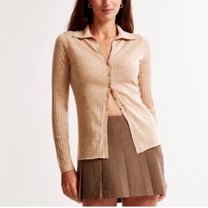 Abercrombie & Fitch Merino Wool Slim Collared Top Cardigan Tan/ Beige NWT